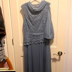 Mother of the Bride dress—Sleeveless/dusty blue with shawl/full length